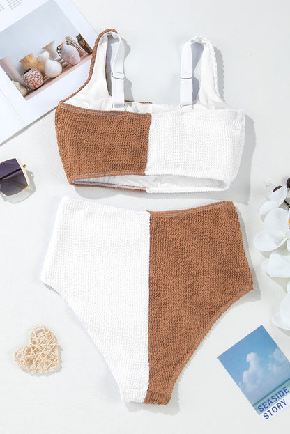 Pink Corded Colorblock Square Neck Bikini Swimsuit