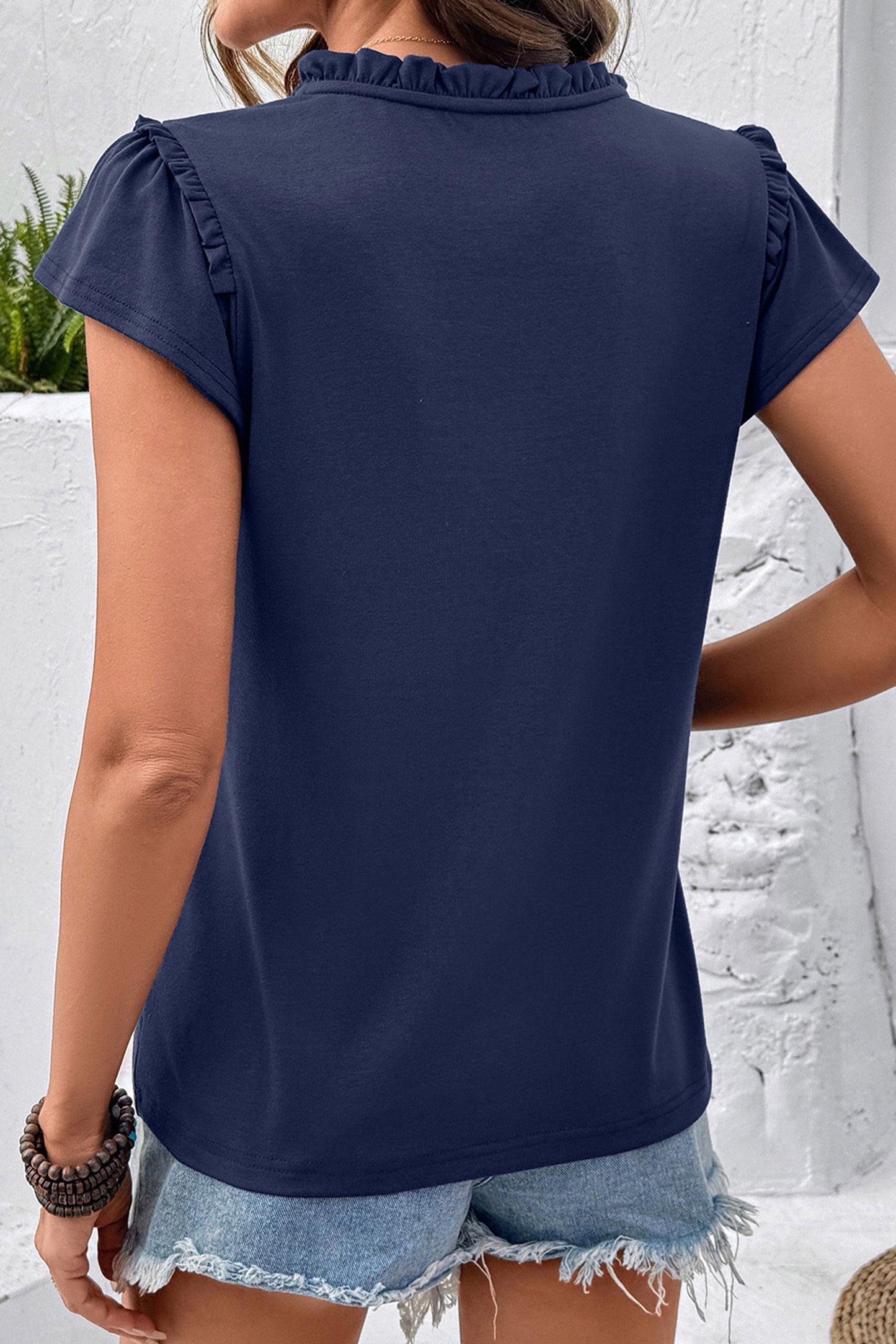 Black Sheer Lace Splicing Split Neck Ruffle Short Sleeve Blouse