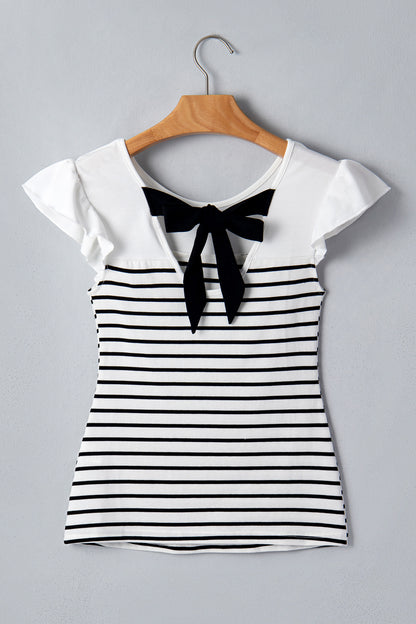 White Stripe Contrast Knot Back Ruffle Trim Tank Top