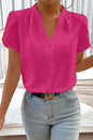 White Button Notched Neck Petal Sleeve Blouse