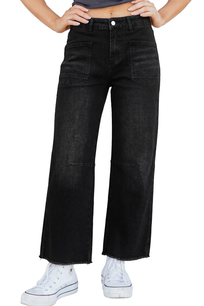 Black Frayed Cropped Barrel Jeans