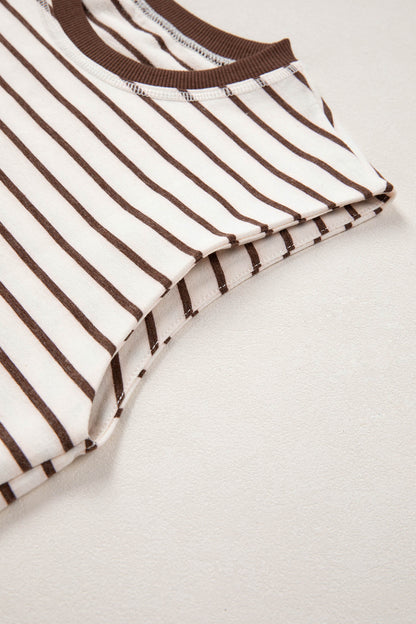 Brown Stripe Ribbed Round Neck Trim Loose Tank Top