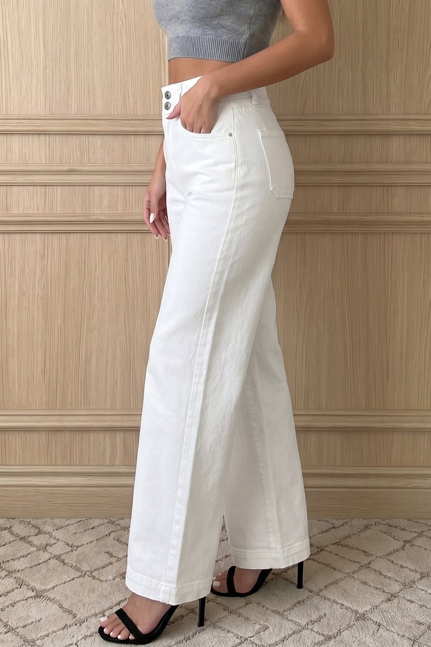 White 2-Button High Waist Wide Leg Jeans