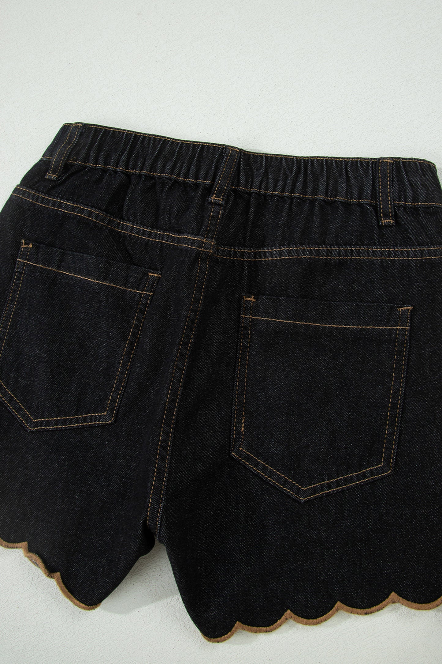 Black Embroidered Scalloped Trim Relaxed Denim Shorts