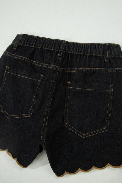Black Embroidered Scalloped Trim Relaxed Denim Shorts