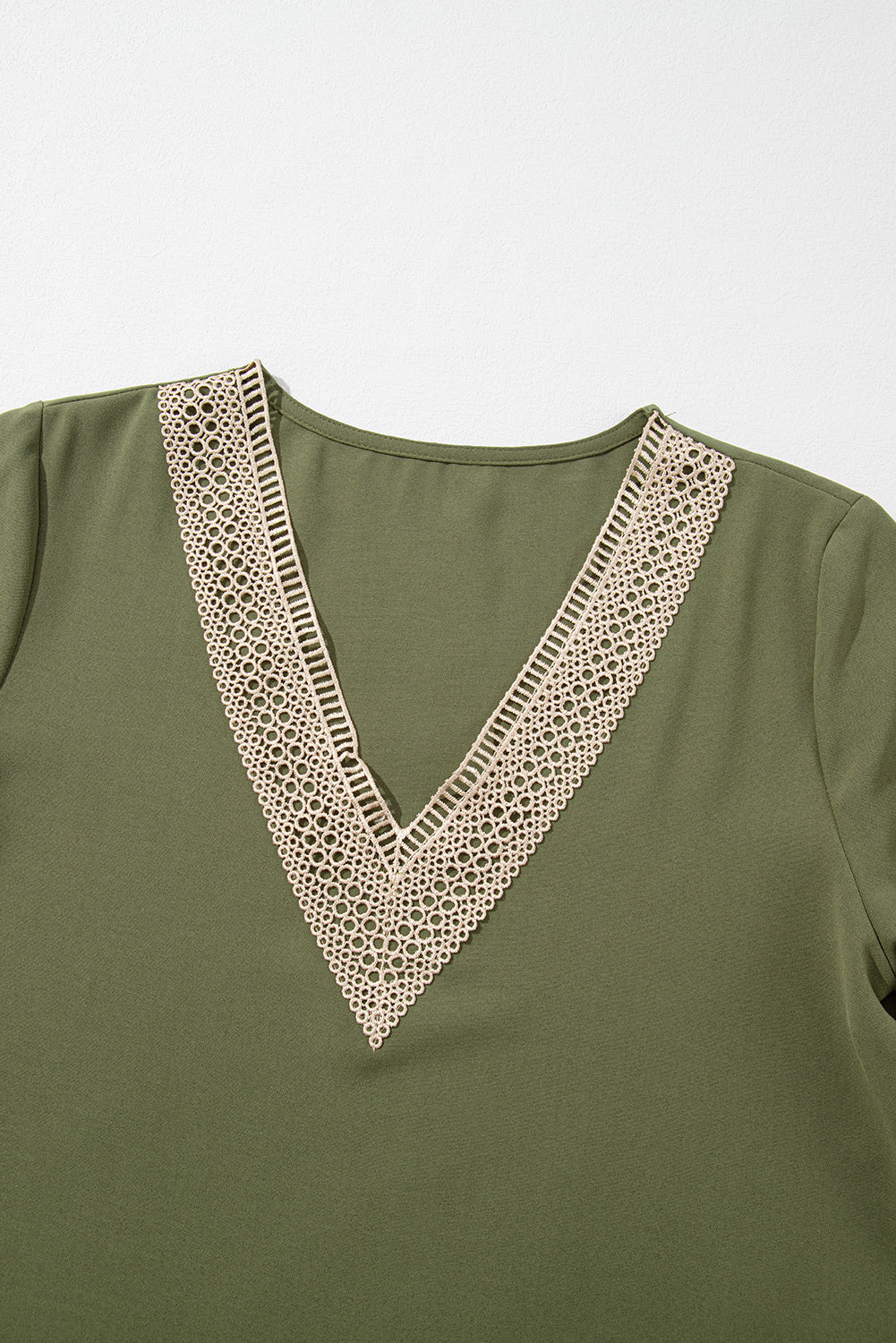 Green Lace Trim V Neck Short Sleeve Blouse