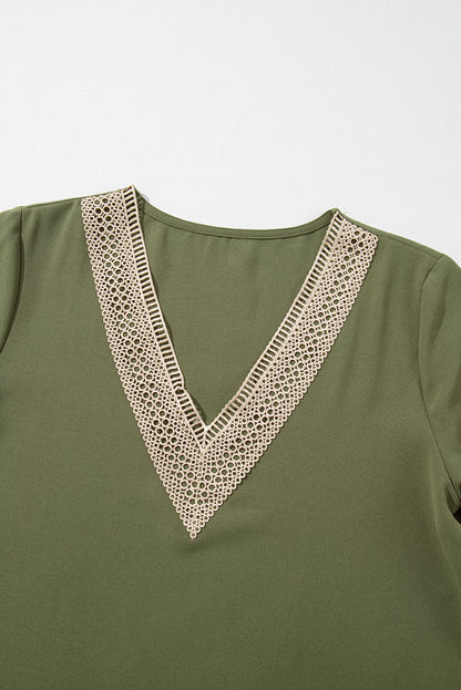 Green Lace Trim V Neck Short Sleeve Blouse