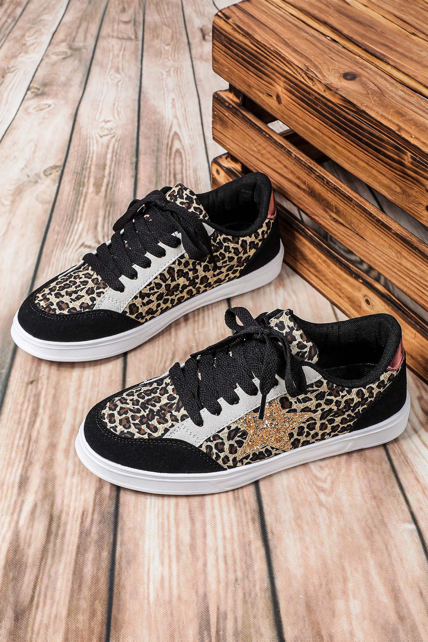 Black Stylish Color Block Glitter Star Patchwork Lace-up Flat Shoes