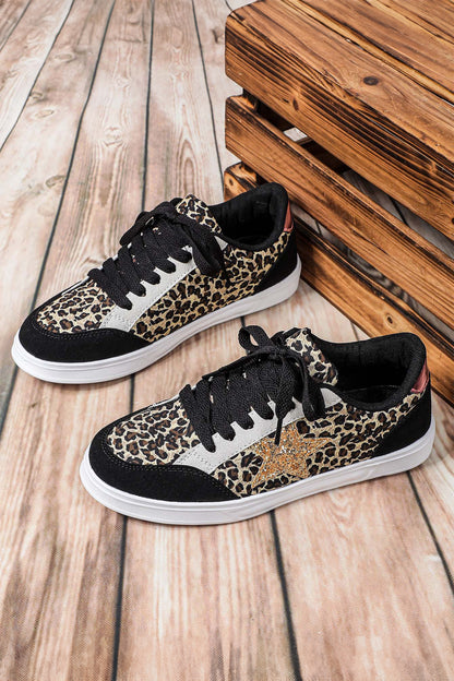 Black Stylish Color Block Glitter Star Patchwork Lace-up Flat Shoes