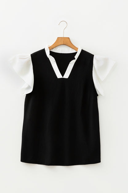 Vineyard Green Plus Size Contrast Frilled Neckline Ruffled Short Sleeve Ribbed Textured Blouse
