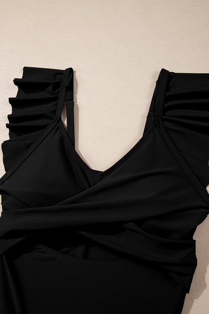 Black Solid Color Ruffle Detail Crossed Cutout Slim Tankini 2pcs Swimsuit