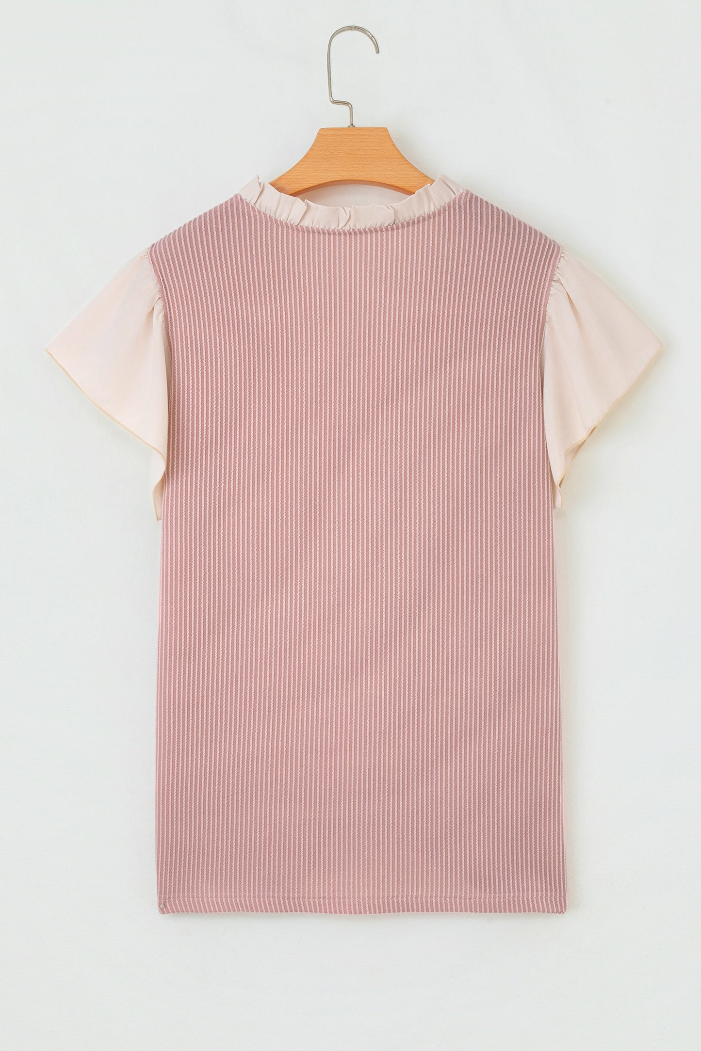 Vineyard Green Plus Size Contrast Frilled Neckline Ruffled Short Sleeve Ribbed Textured Blouse