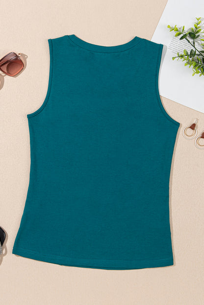 Blue Sapphire Solid Color Stitching Detail Round Neck Tank Top