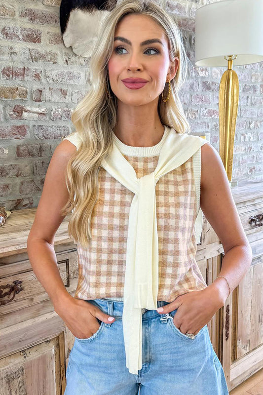 Khaki Gingham Plaid Knit Detachable Shawl Wrap Sweater Tank Top