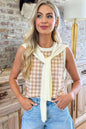 Khaki Gingham Plaid Knit Detachable Shawl Wrap Sweater Tank Top