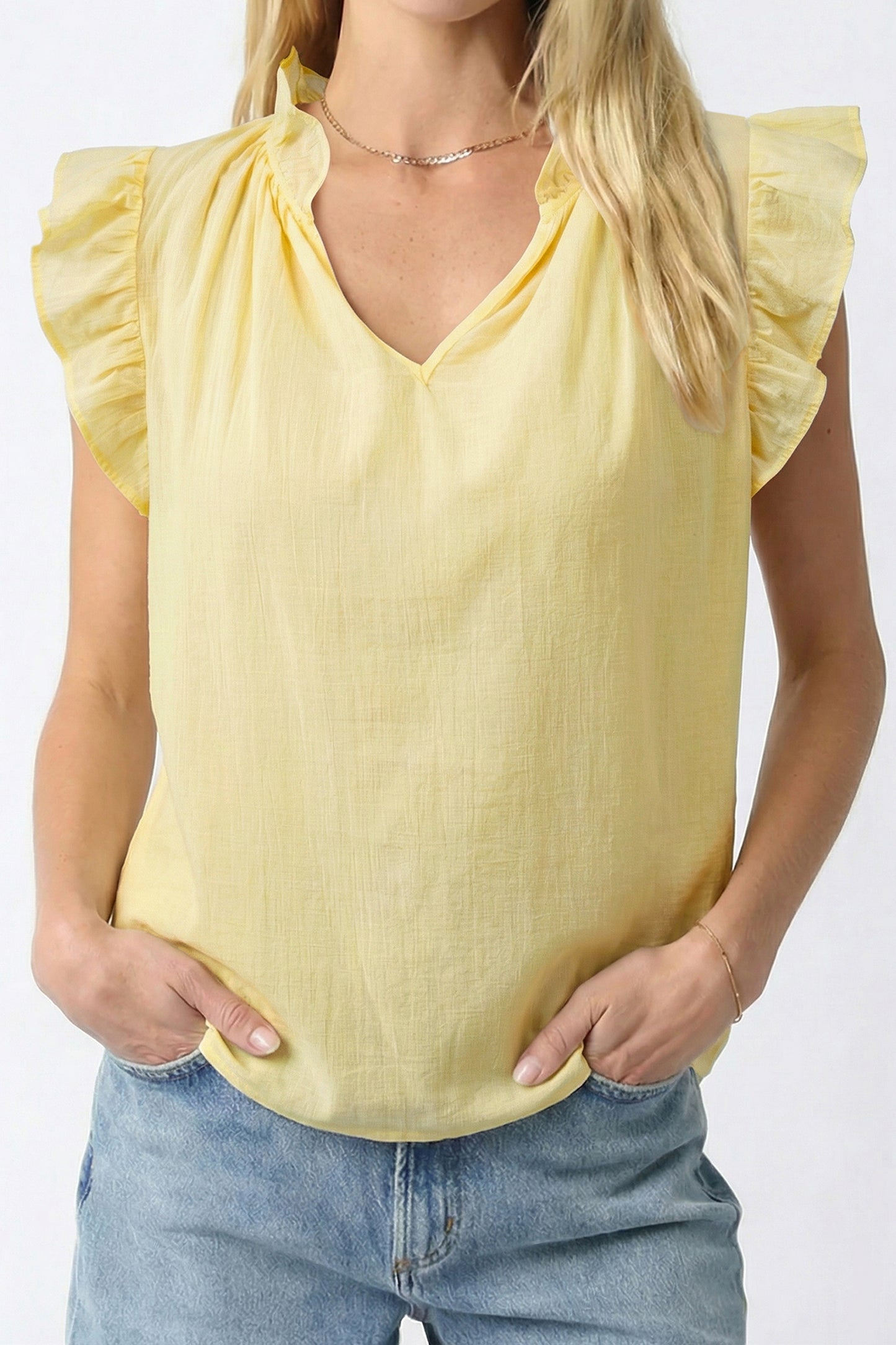 Yellow Cream V Neck Ruffle Trim Sleeveless Shift Top