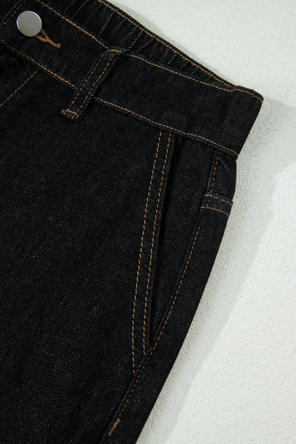Black Embroidered Scalloped Trim Relaxed Denim Shorts