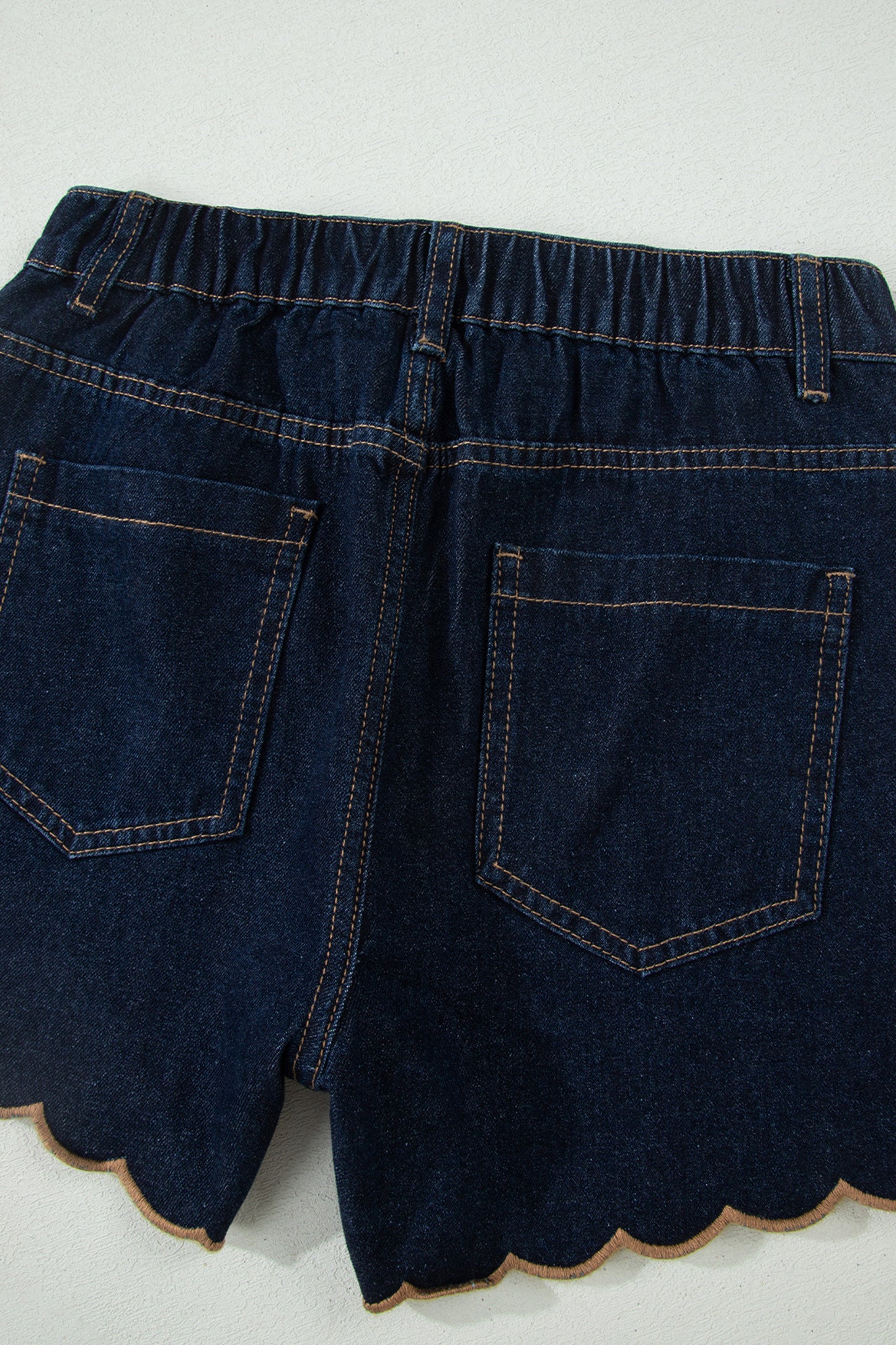 Black Embroidered Scalloped Trim Relaxed Denim Shorts