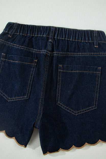 Black Embroidered Scalloped Trim Relaxed Denim Shorts