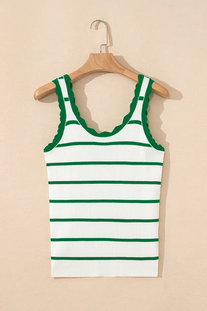 Bright Green Scalloped Edge Striped Ribbed Tank Top