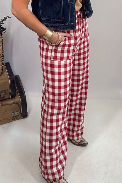 Brown Gingham Plaid Tie Elastic Waist Shift Pants