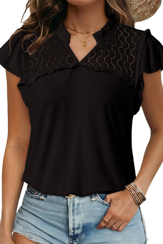Black Sheer Lace Splicing Split Neck Ruffle Short Sleeve Blouse