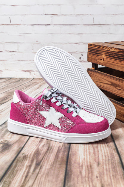 Black Stylish Color Block Glitter Star Patchwork Lace-up Flat Shoes
