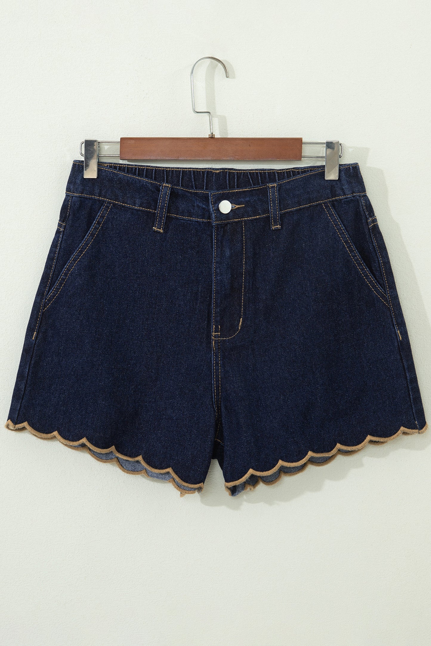 Black Embroidered Scalloped Trim Relaxed Denim Shorts