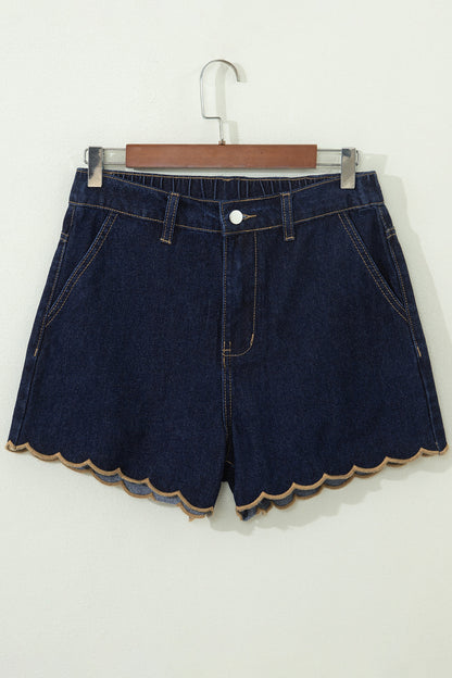 Black Embroidered Scalloped Trim Relaxed Denim Shorts