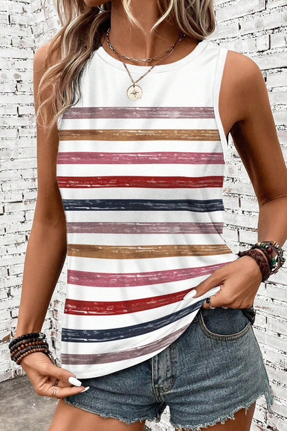 Red Rainbow Striped Round Neck Tank Top