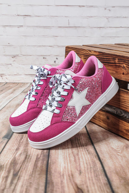 Black Stylish Color Block Glitter Star Patchwork Lace-up Flat Shoes