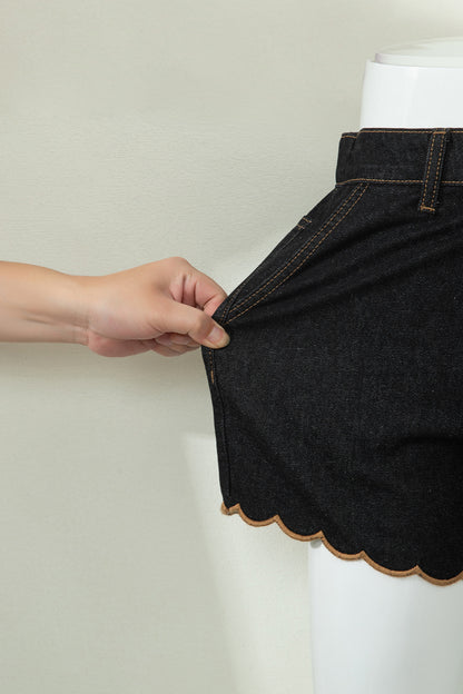 Black Embroidered Scalloped Trim Relaxed Denim Shorts