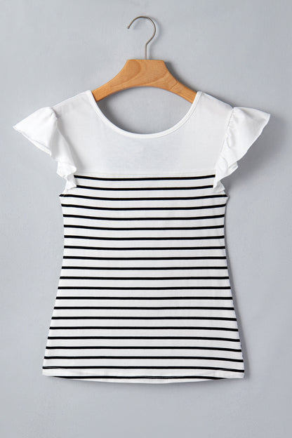 White Stripe Contrast Knot Back Ruffle Trim Tank Top