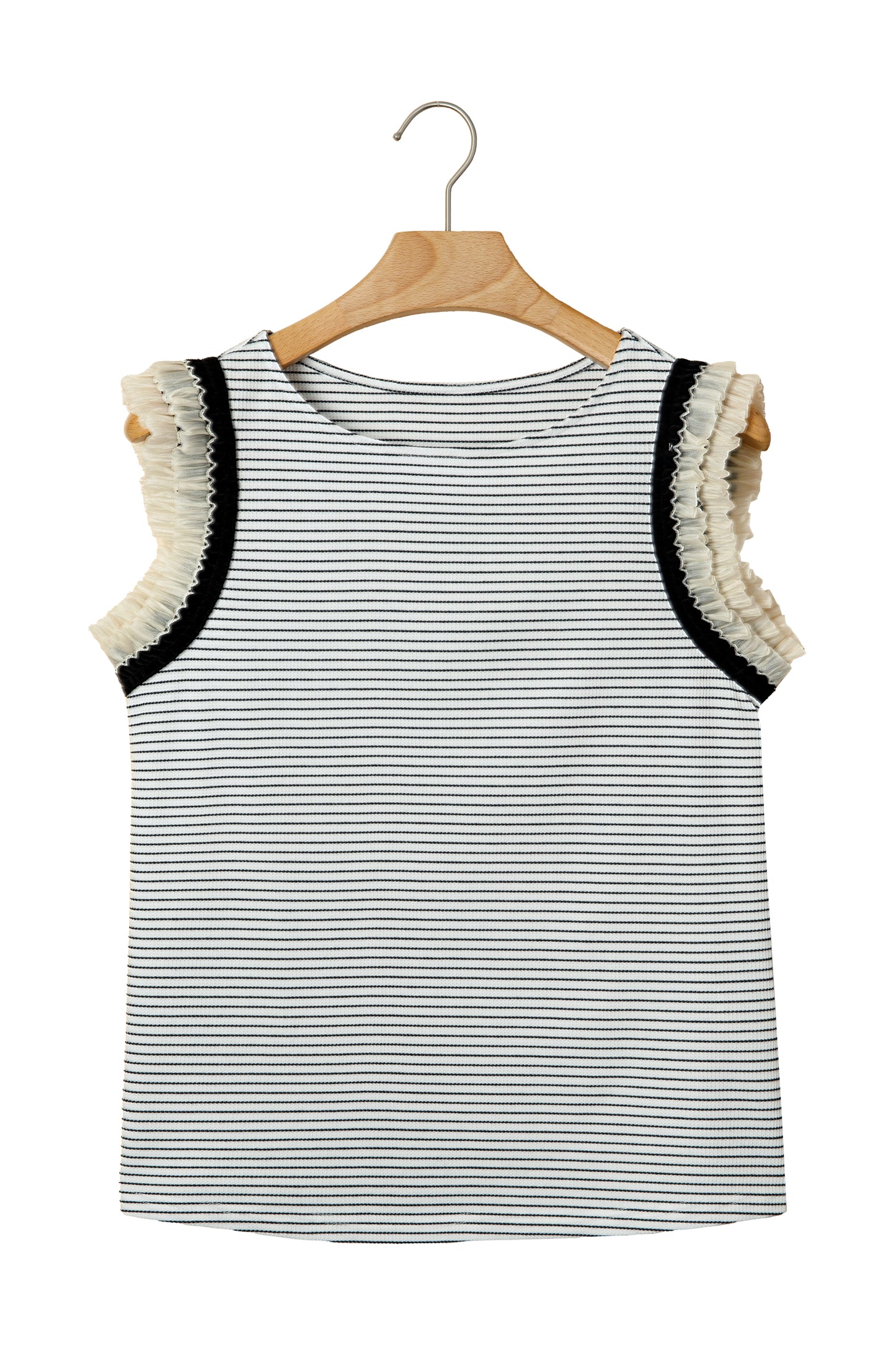 Black Stripe Contrasted Ruffle Trim Casual Tank Top
