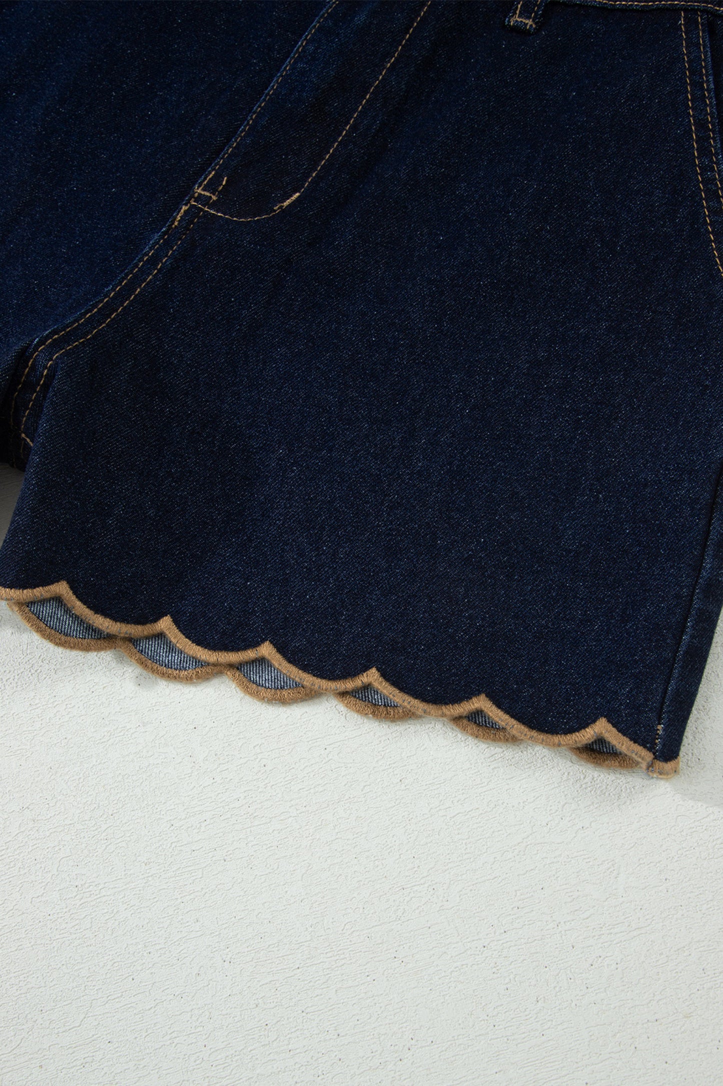 Black Embroidered Scalloped Trim Relaxed Denim Shorts