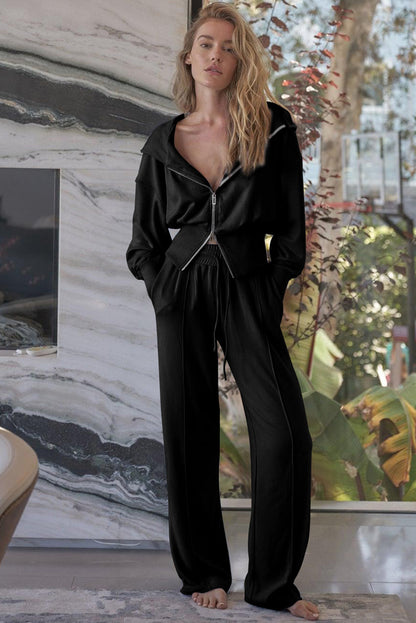 Black Double Zipper Hooded Jacket and Sweatpants Active Set