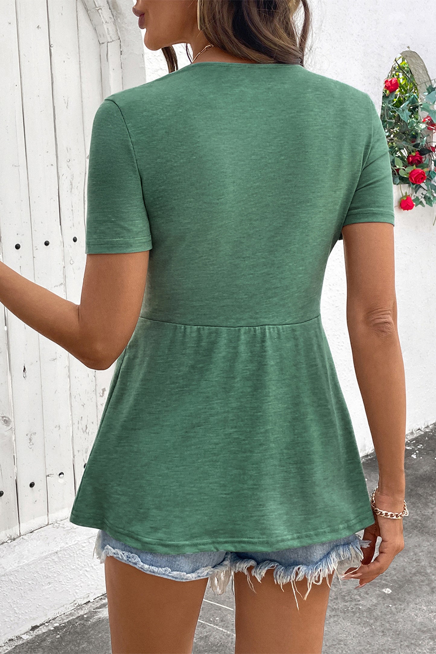 Sail Blue Twist Knot V Neck Short Sleeve Blouse