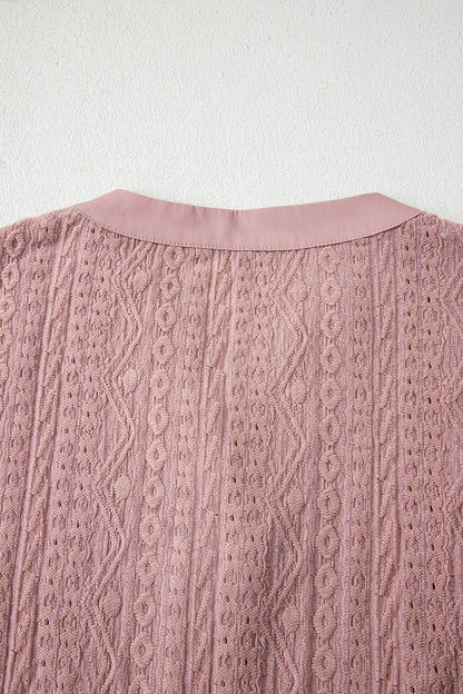 Fushia Textured Embroidered Half Buttons Short Sleeve Blouse