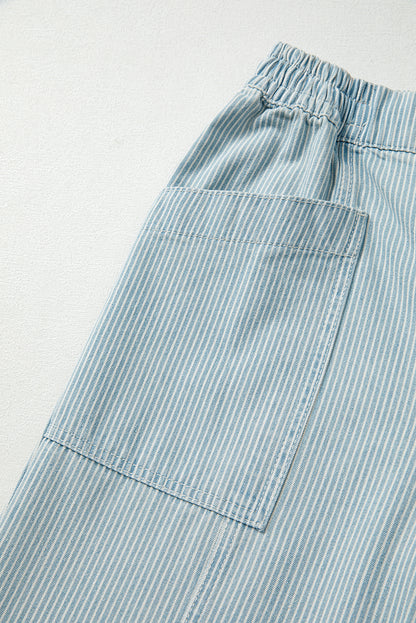 Sky Blue Striped Mid Rise Drawstring Waist Jeans