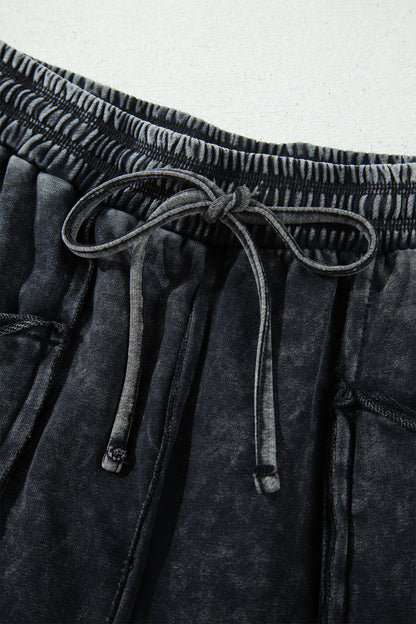 Black Mineral Wash Raw Seam Drawstring Elastic Waist Barrel Pants