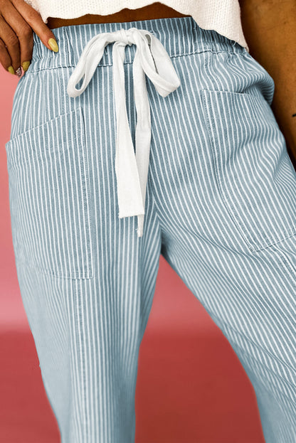 Sky Blue Striped Mid Rise Drawstring Waist Jeans