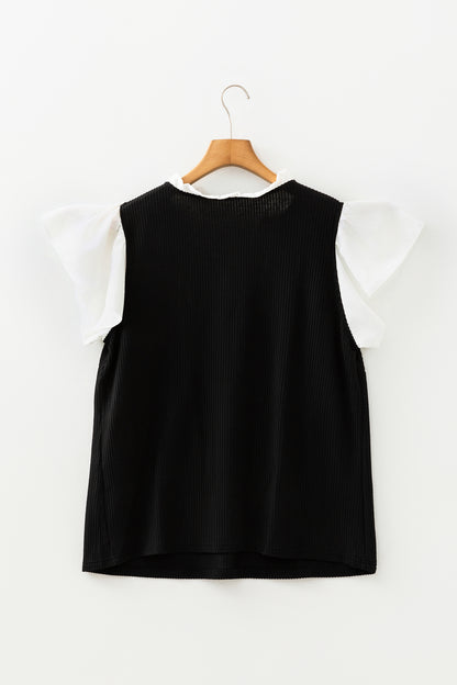 Vineyard Green Plus Size Contrast Frilled Neckline Ruffled Short Sleeve Ribbed Textured Blouse