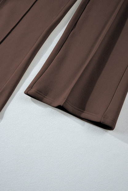 Dark Brown Solid Collared Sweatshirt and High Waist Pants Active Set