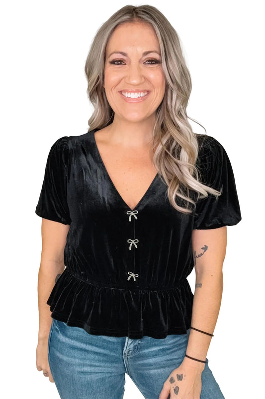 Black V Neck Bow Decoration Peplum Hem Shift Silhouette Short Sleeve Blouse