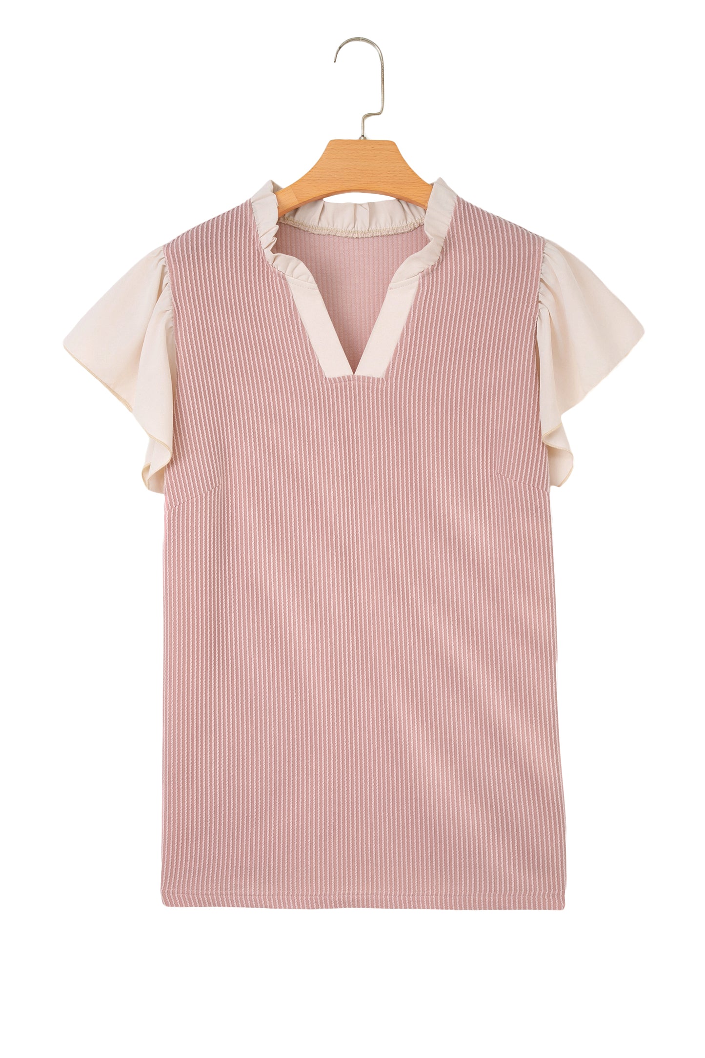 Vineyard Green Plus Size Contrast Frilled Neckline Ruffled Short Sleeve Ribbed Textured Blouse