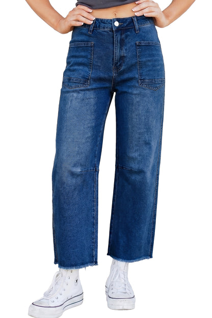 Black Frayed Cropped Barrel Jeans