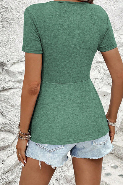Sail Blue Twist Knot V Neck Short Sleeve Blouse