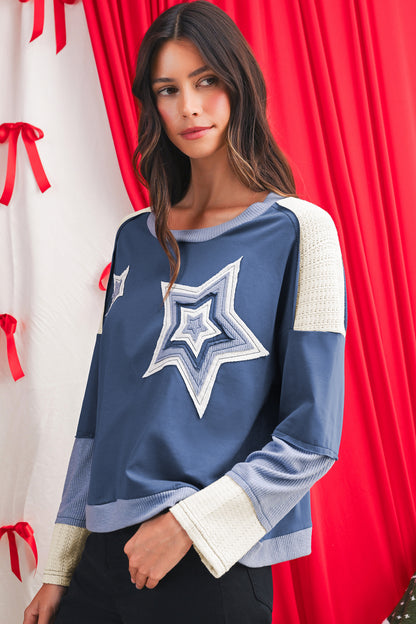 Dark Blue Knitted Colorblock Patchwork Star Patched Long Sleeve Top