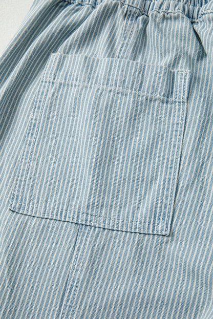 Sky Blue Striped Mid Rise Drawstring Waist Jeans