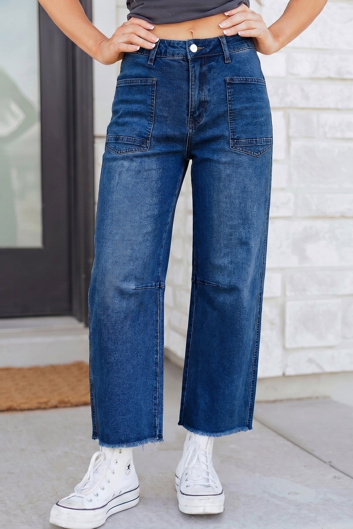 Black Frayed Cropped Barrel Jeans